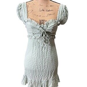 Lulus Mini Dress Womens XS Sage Green Smocked Puff Sleeve Sweetheart Tie